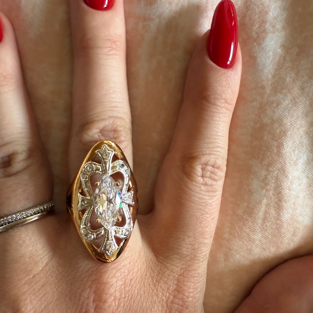 Rose Gold and Silver Filigree Statement Ring with Sparkling Stones